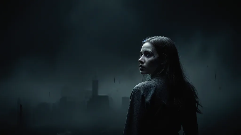 a woman standing in the dark with a city in the background