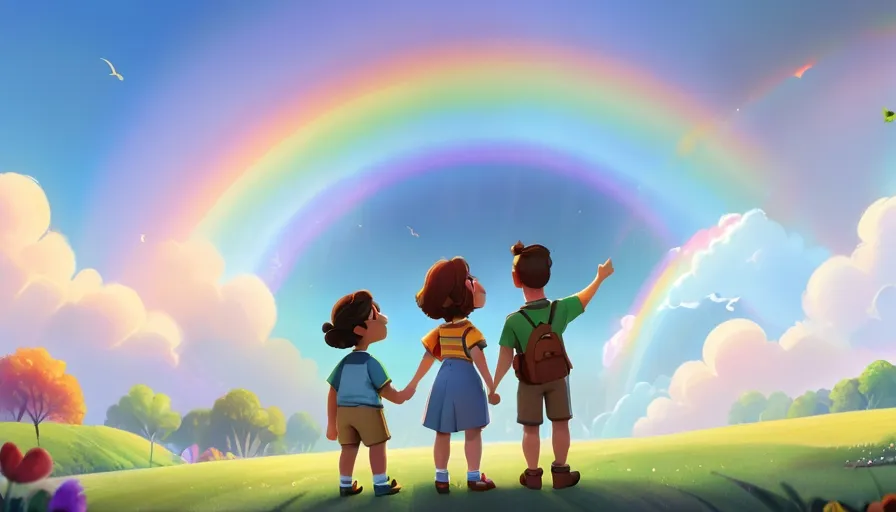 a group of children standing in front of a rainbow