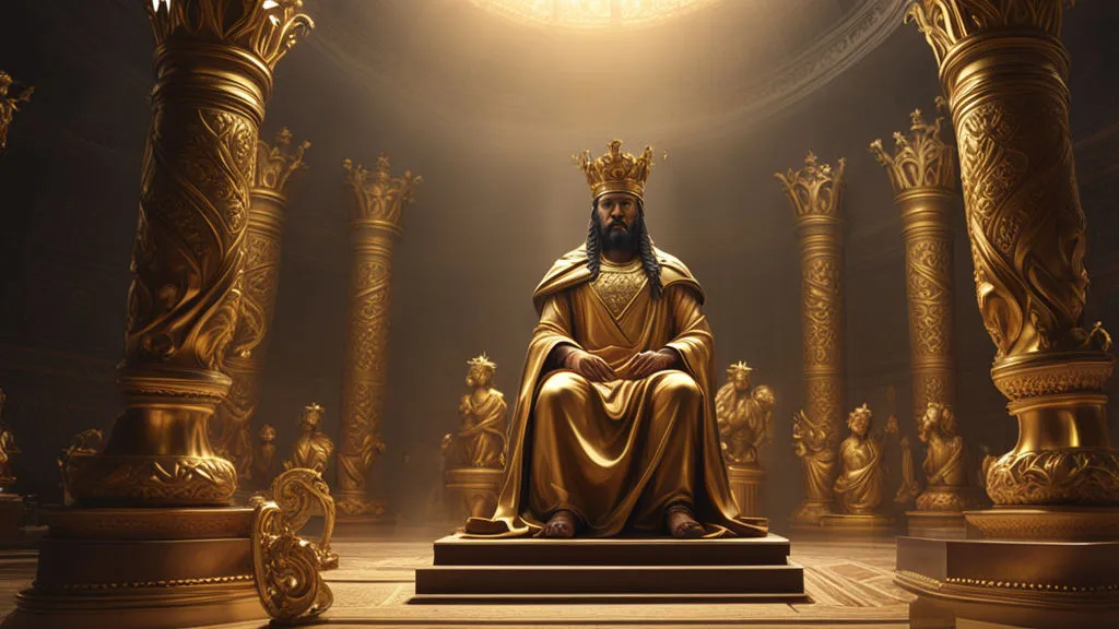 a golden statue of a king surrounded by golden pillars