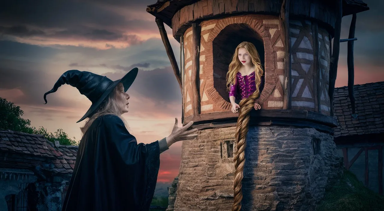 a little girl dressed as a witch standing next to a tower