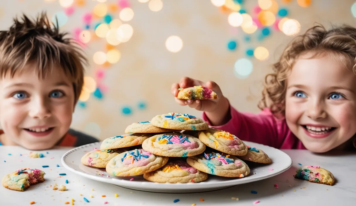 a couple of kids sitting at a table with a plate of cookies