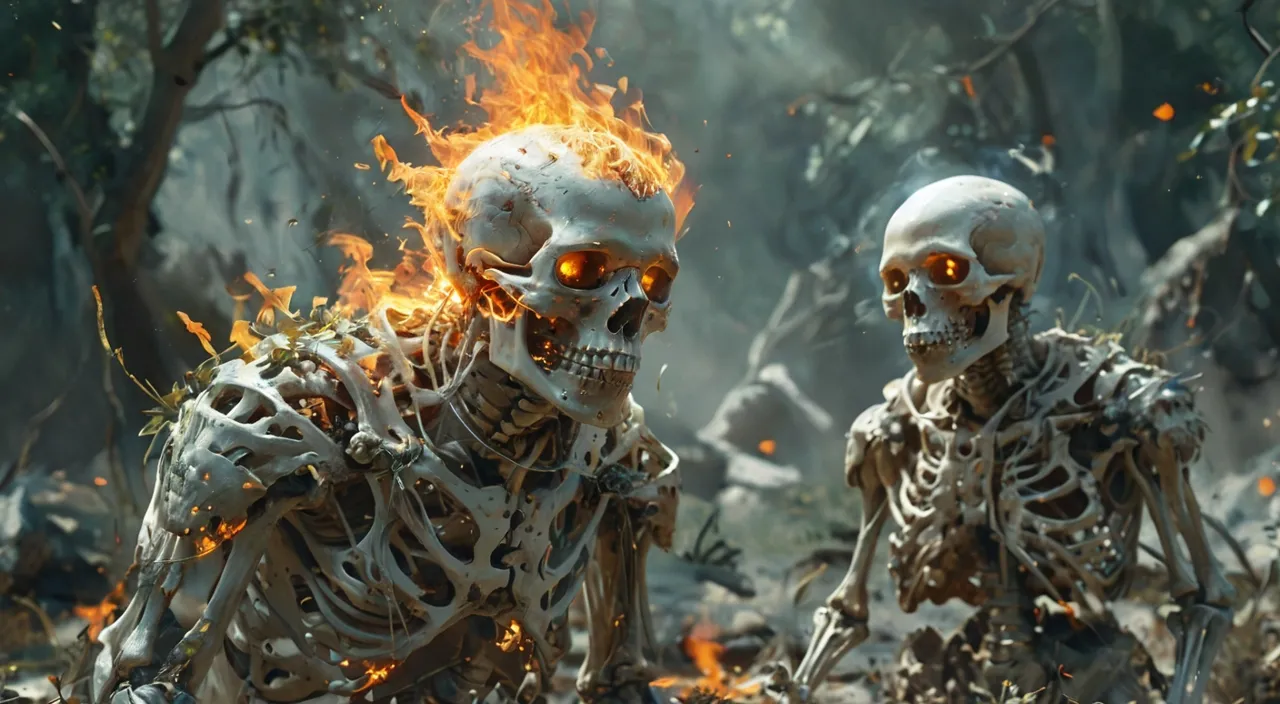 two skeletons in a forest with fire in their eyes