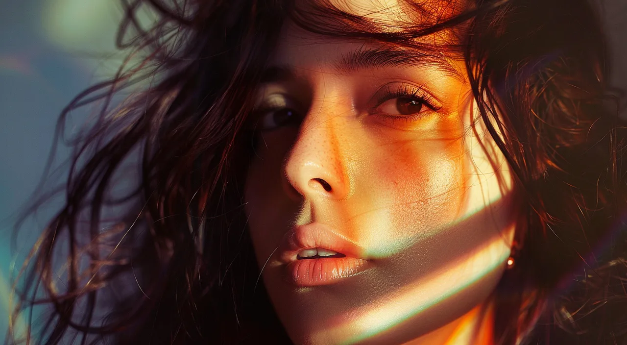 a close up of a woman's face with hair blowing in the wind