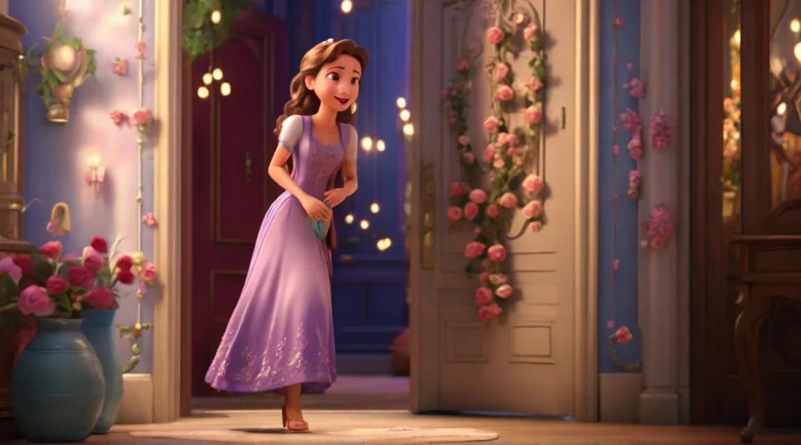 a young girl in a purple dress entering a doorway