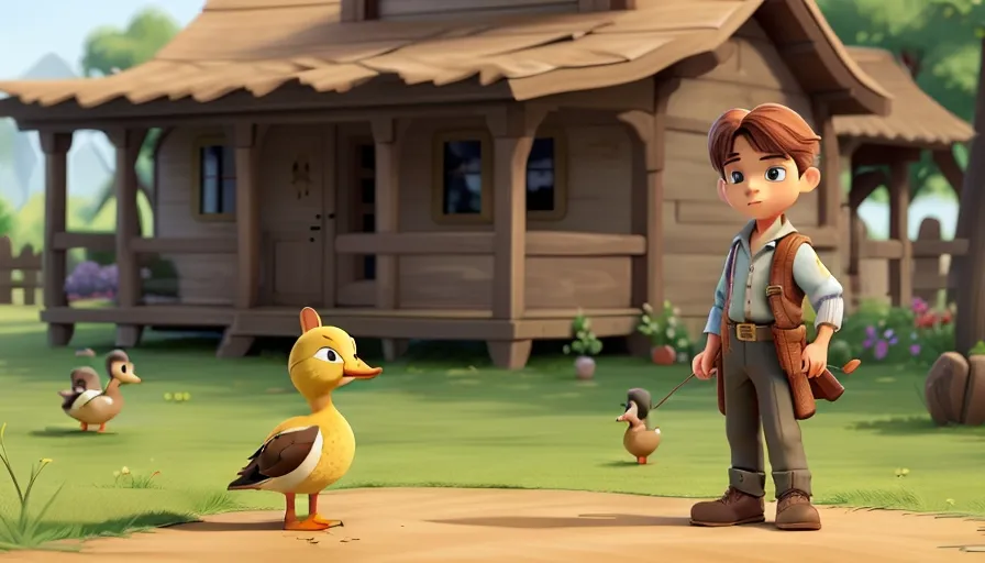 a young boy standing next to a duck in a field