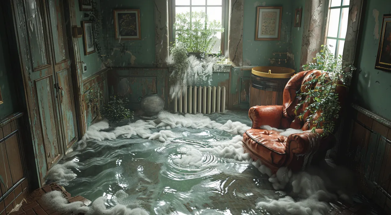 a chair in a flooded room with a lot of water on the floor