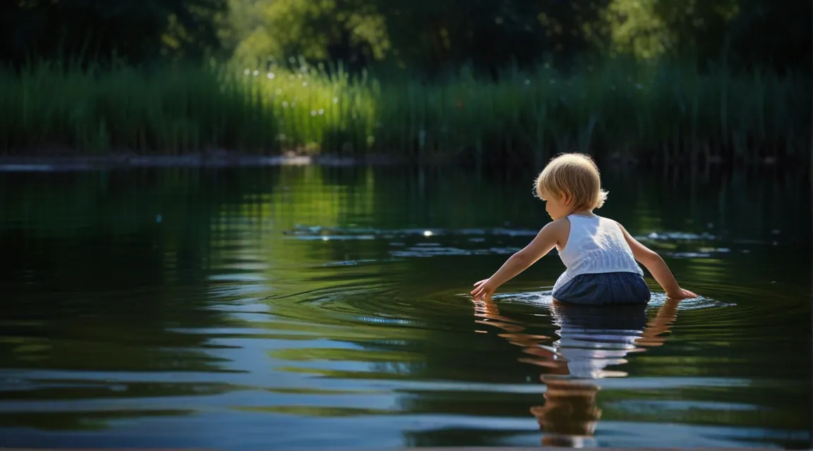 a young boy is sitting in the water