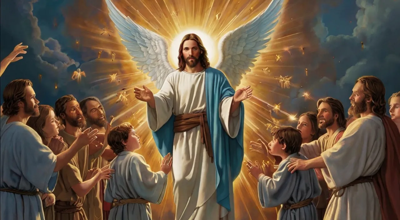 a painting of jesus surrounded by angels