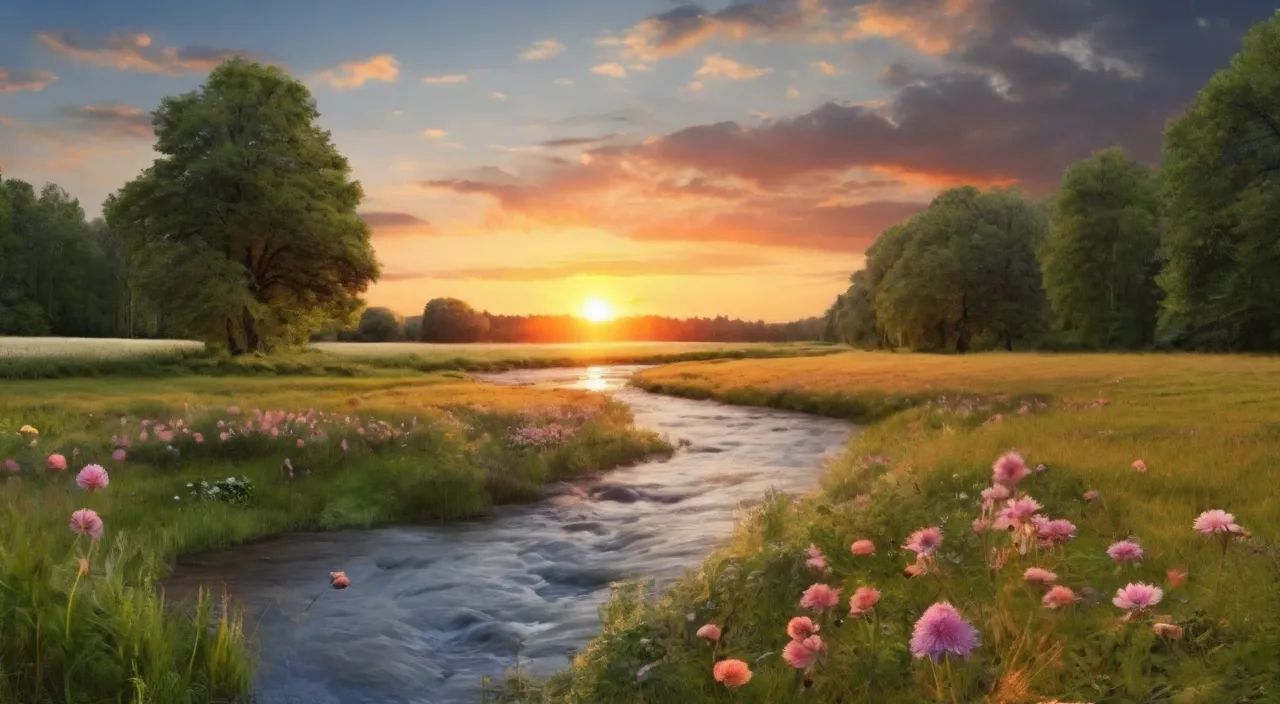 a painting of a river running through a lush green field