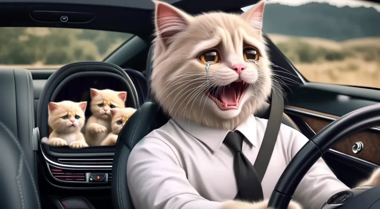 a man driving a car with a cat on the dashboard