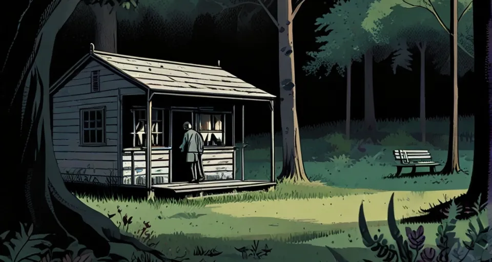 a man standing outside of a small cabin in the woods