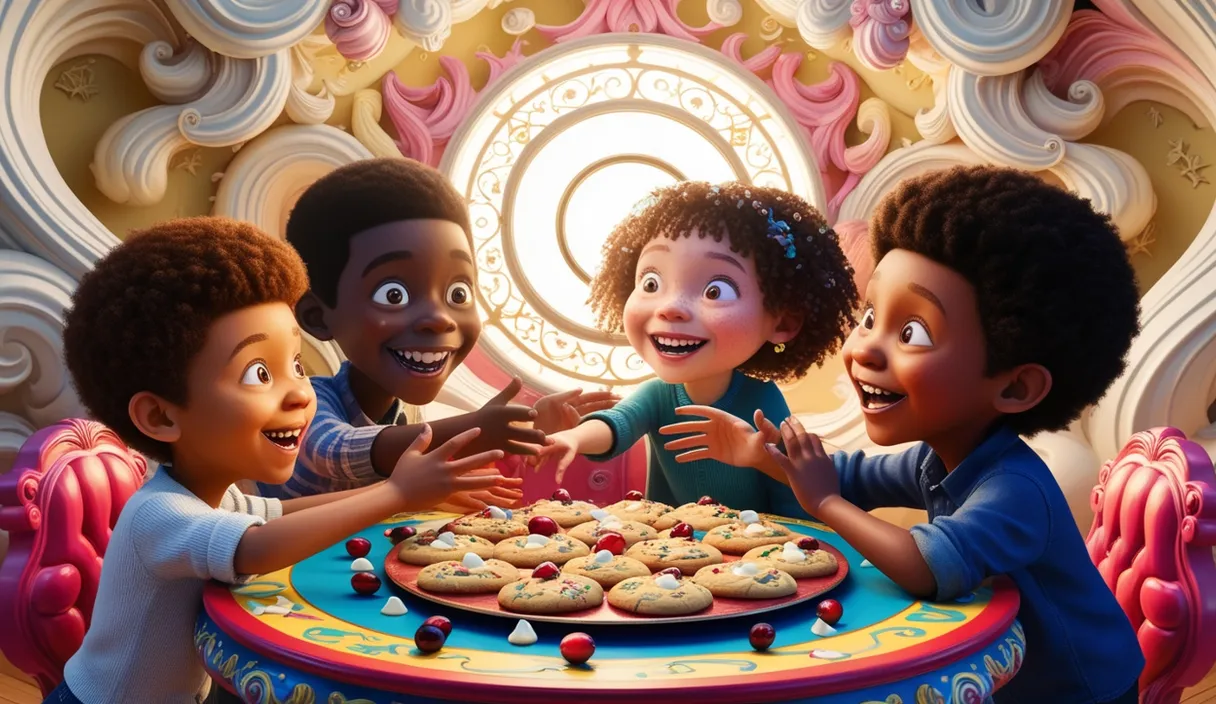 a group of children standing around a table with cookies on it