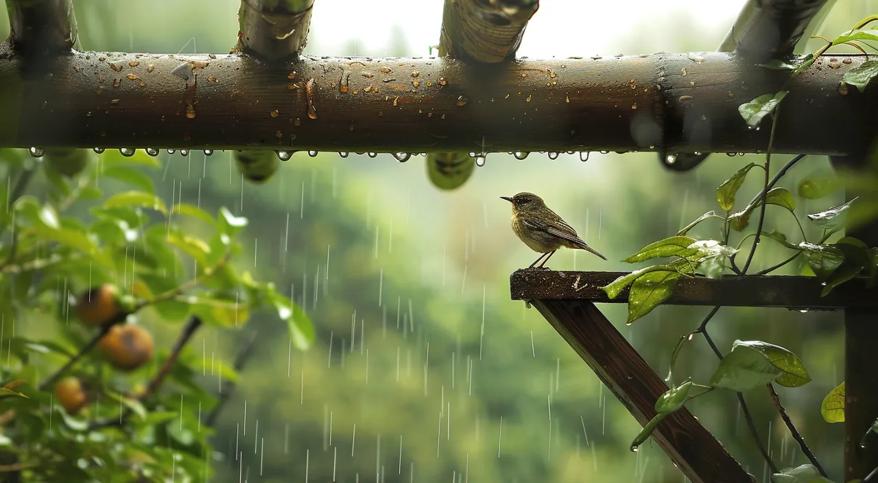 Birds take shelter from the rain under the trees