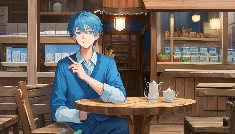 A young man with a sweet face in blue clothes sat in front of an old wooden table, his eyes filled with sadness. The background is a traditional tea shop which is busy with visitors.