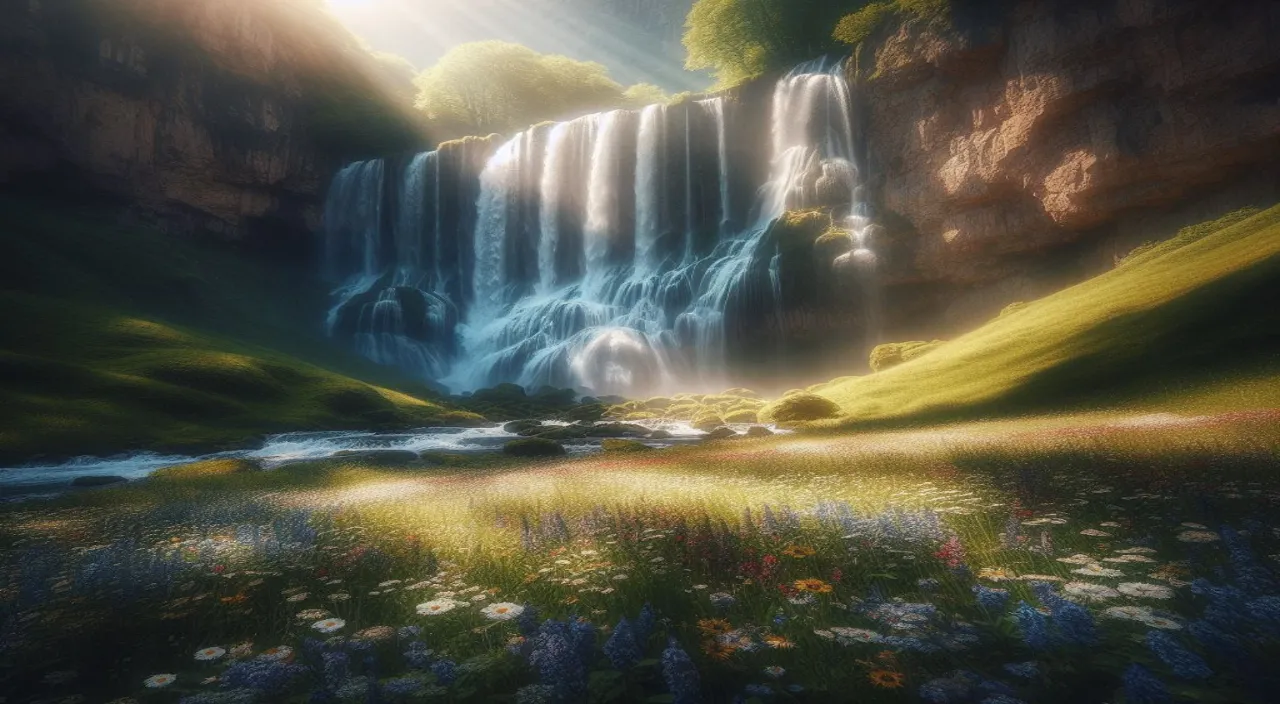 a painting of a waterfall in the middle of a field