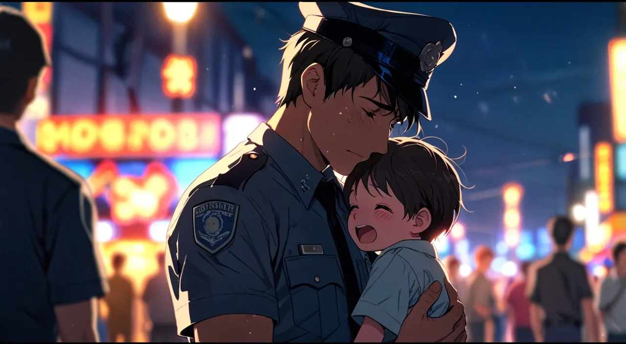 a boy is crying in front of a police officer in a fair