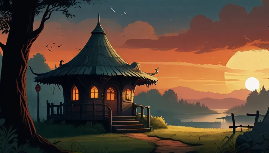 a painting of a gazebo in a forest at sunset