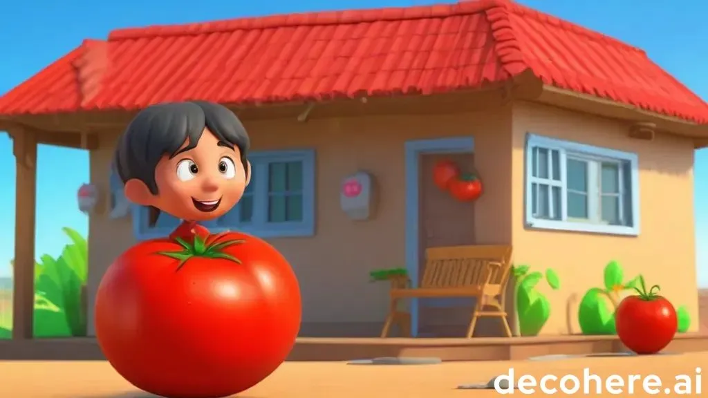 a little boy standing next to a big tomato