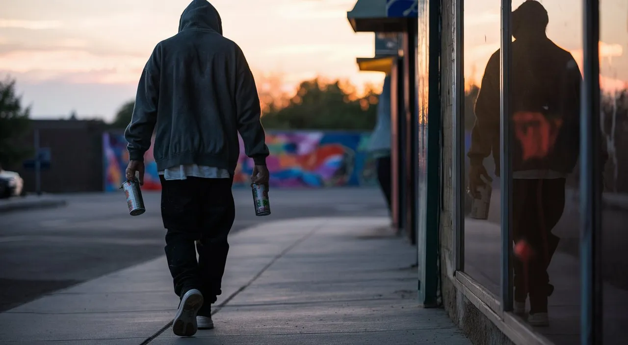 the street artist walks away, watching the sun set with a sense of satisfaction and accomplishment.