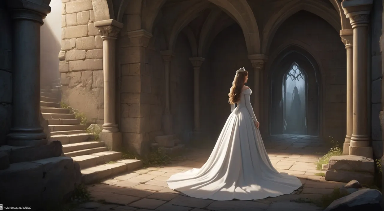 a woman in a white dress standing in a castle