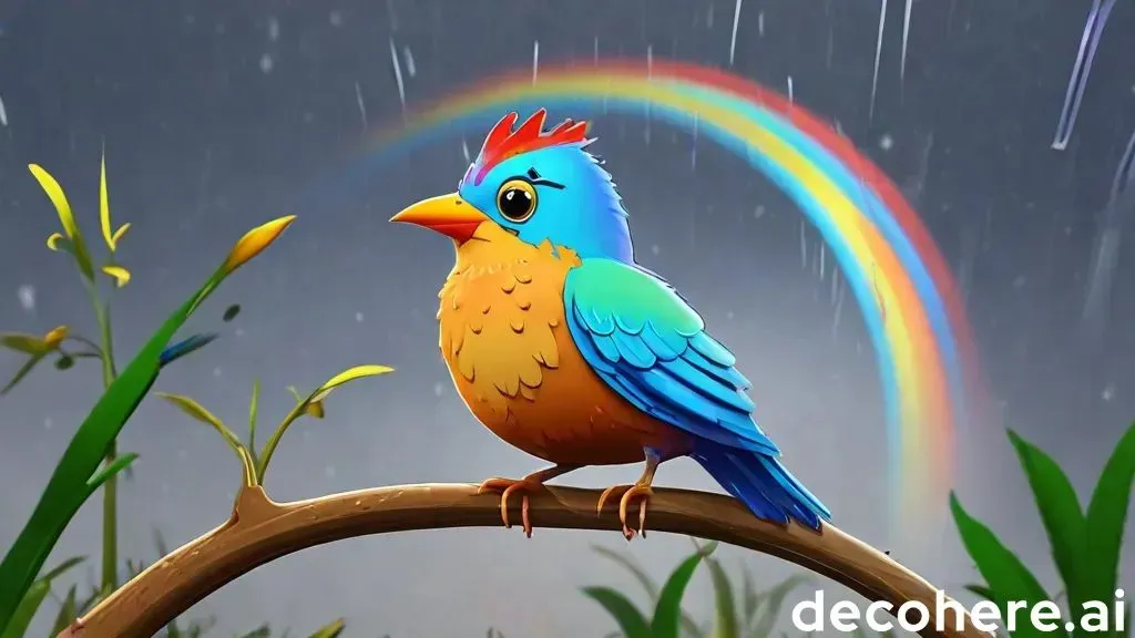 a bird sitting on a branch with a rainbow in the background