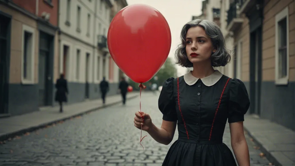 a woman in a black dress holding a red balloon closing her eyes