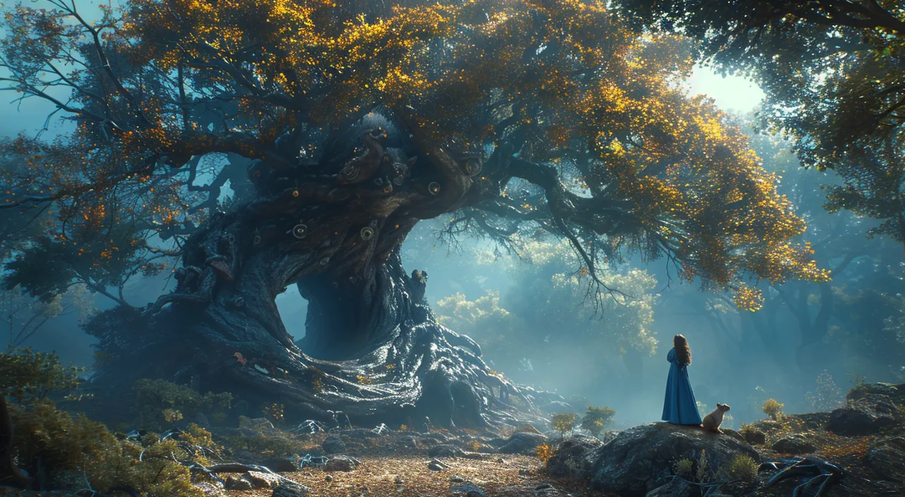 a woman standing in front of a large tree