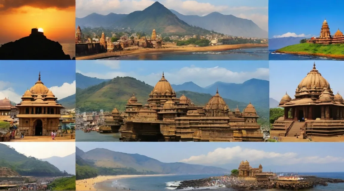 a collage of photos of a beach and some buildings of Maharashtra