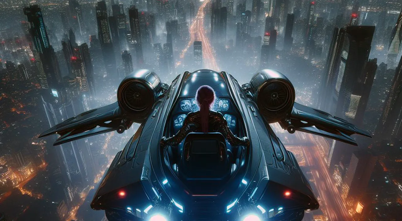 a futuristic city at night with a person in the cockpit