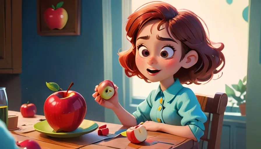 a young girl sitting at a table with an apple in front of her