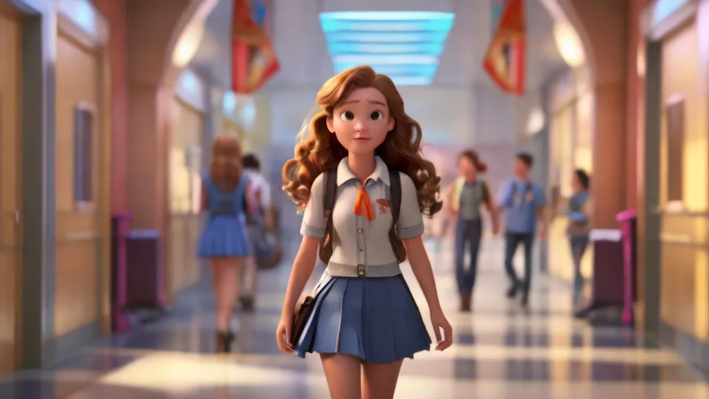 a girl in a school uniform walking down a hallway