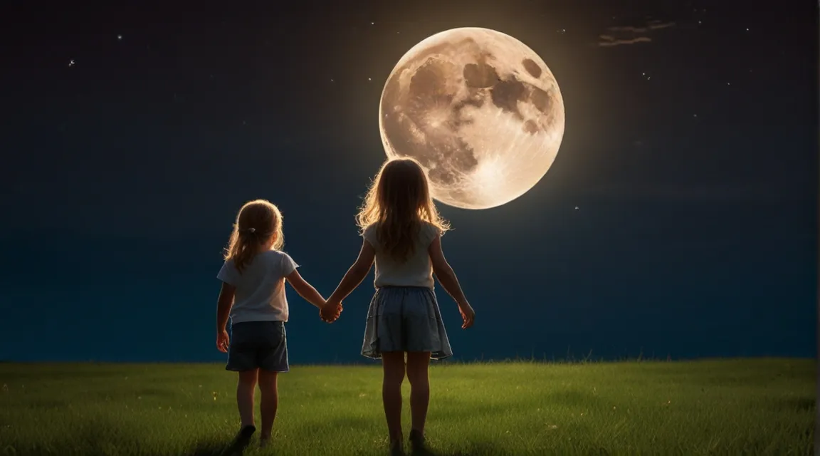 two little girls holding hands in front of a full moon