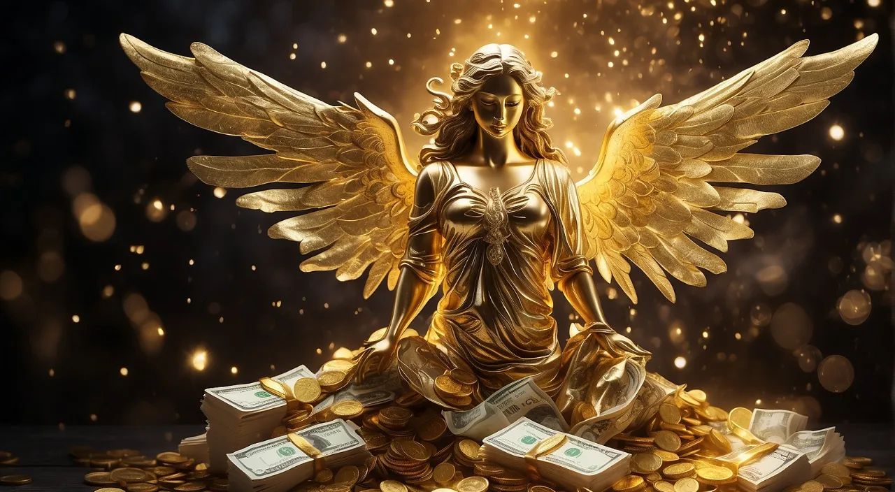 a golden statue sitting on top of a pile of money