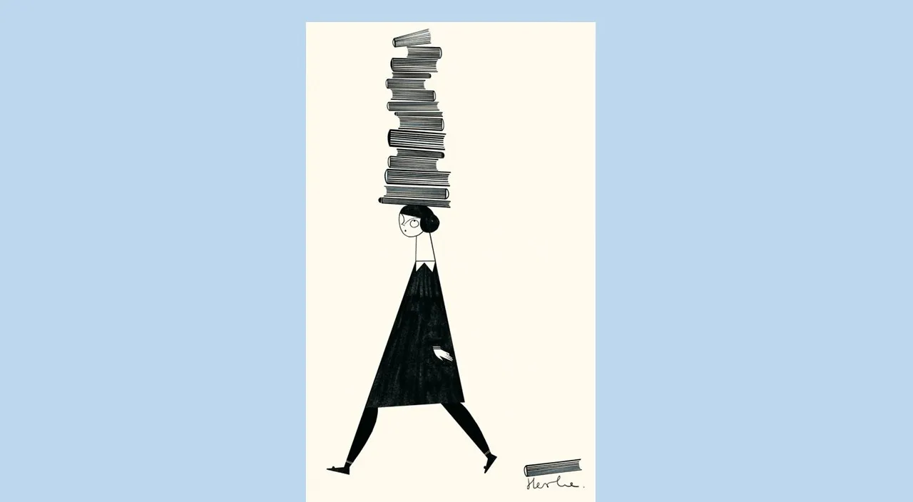 a drawing of a person carrying a stack of books