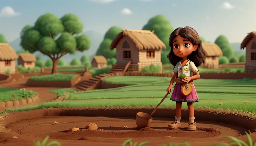 a little girl standing in a field with a shovel