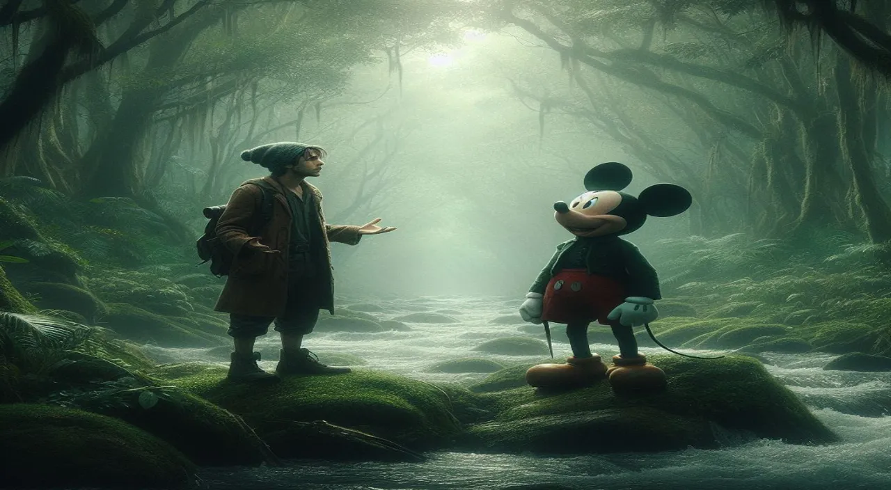 a man standing next to a mickey mouse in a forest