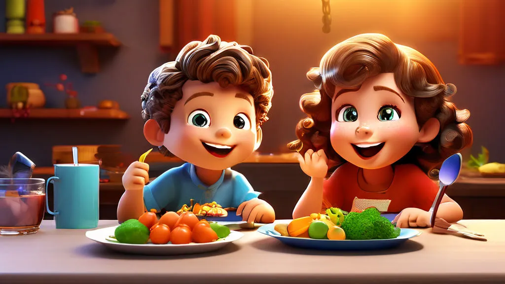 a couple of kids sitting at a table eating vegetables