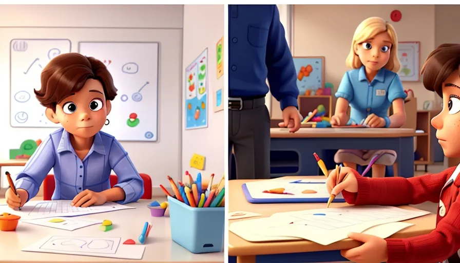 two pictures of a boy and a girl at a desk