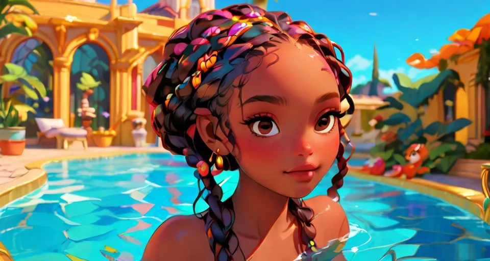 a young girl with braids  in a pool