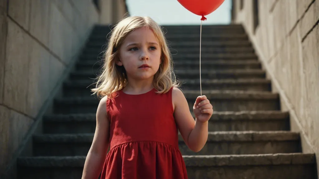 a little girl in a red dress walking downstairs holding a red balloon