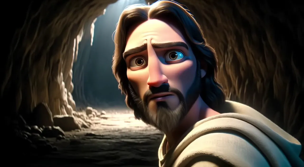 a cartoon of jesus in a cave