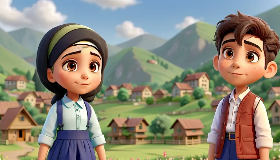 a boy and a girl standing in front of a village