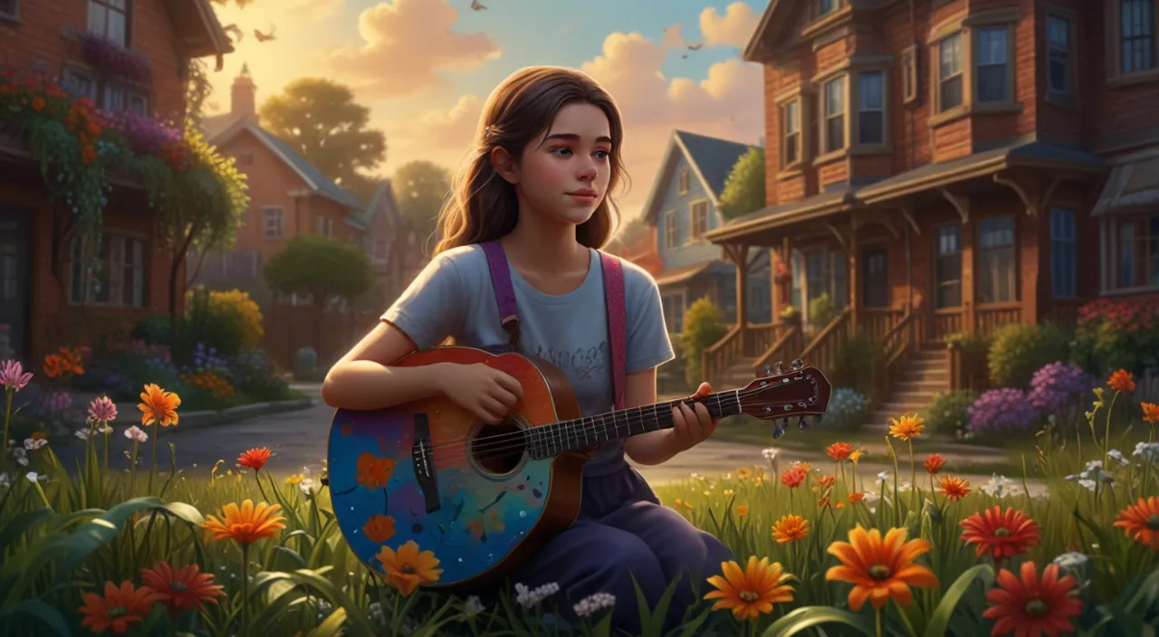 a painting of a girl playing a guitar