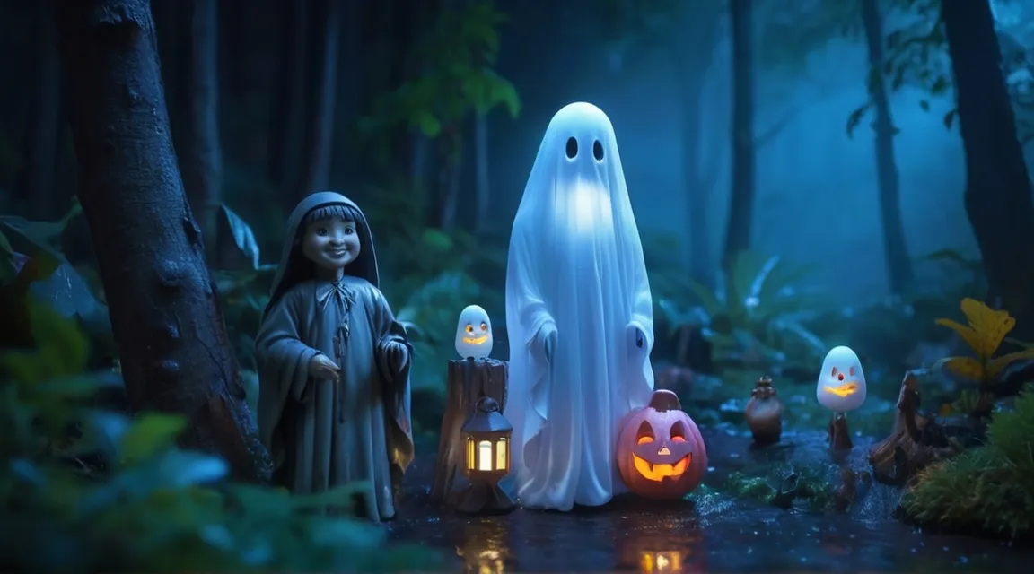 a group of ghost figurines in a forest