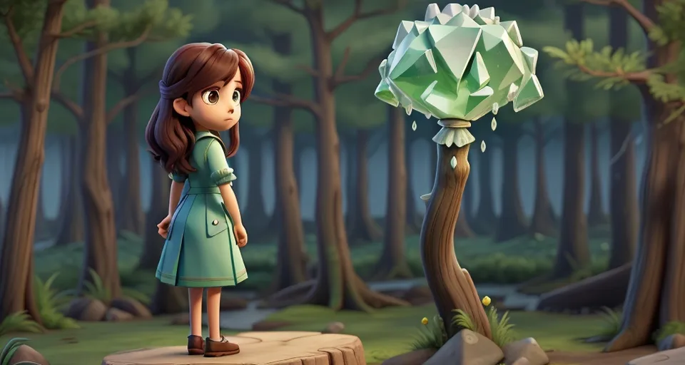 Aria standing at the edge of the forest, her expression resolute as she gazes into the distance, her hand clasping a map leading to the Crystal Bloom.