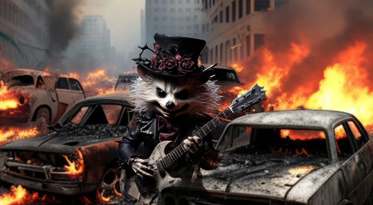 a raccoon wearing a top hat and playing a guitar in front of a