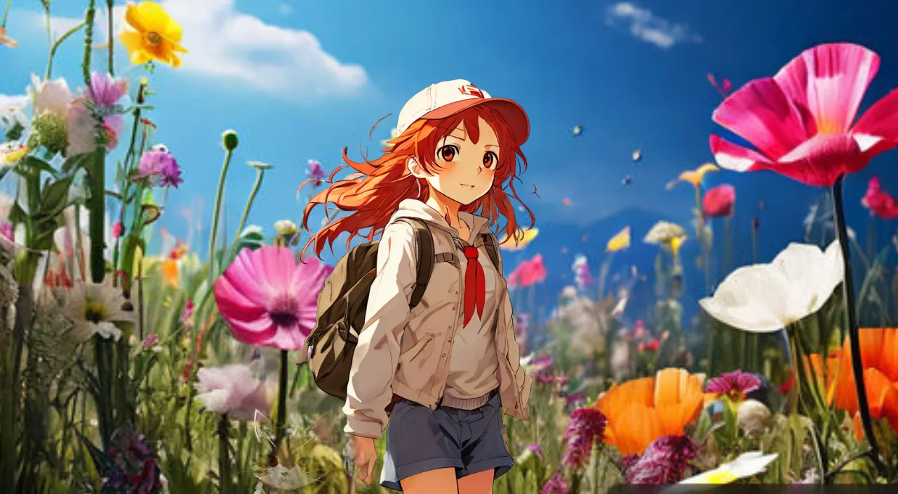 a girl standing in a field of flowers