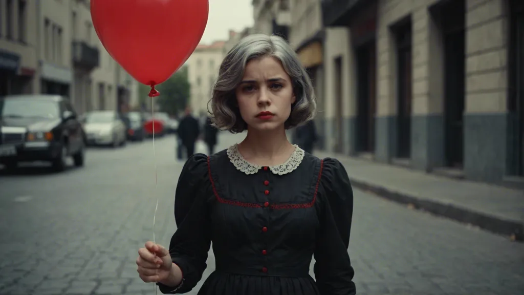a woman in a black dress is closing her eyes holding a red balloon