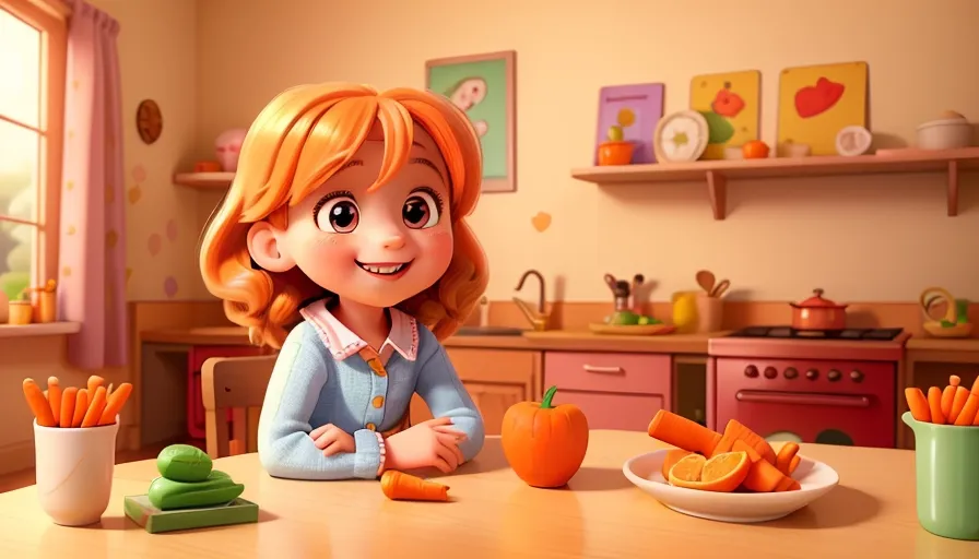 a little girl sitting at a table with a plate of carrots