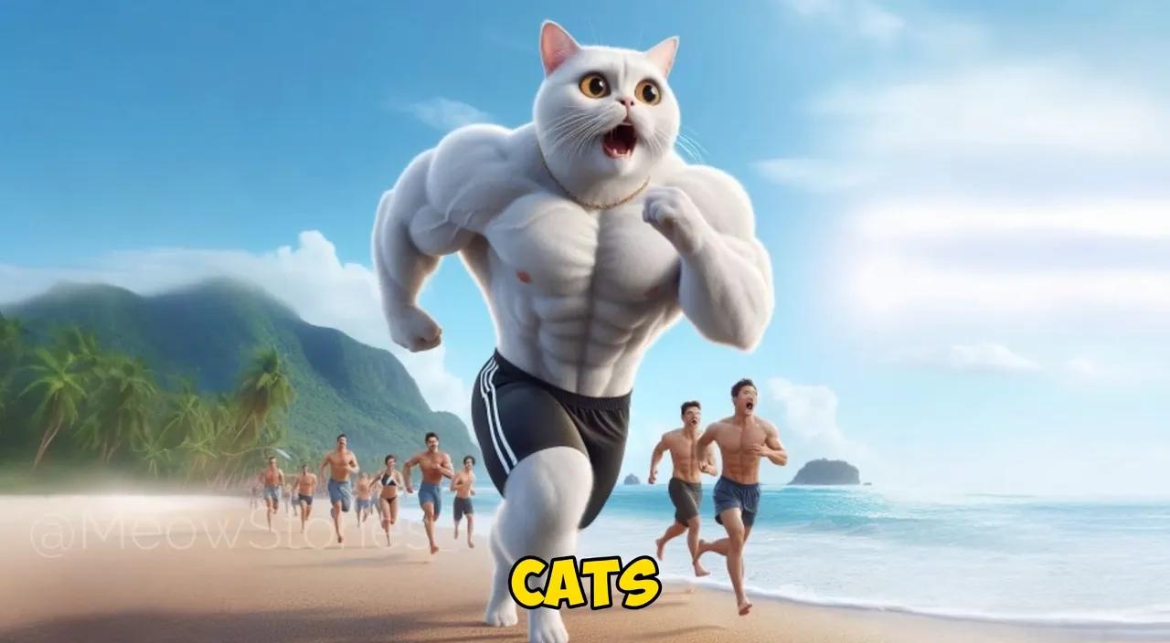 a cat running on a beach with a group of people behind him